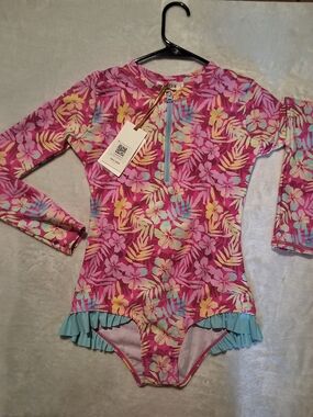 Grace Karin Pink Floral Long-Sleeve One-Piece Swimsuit with Aqua Ruffle